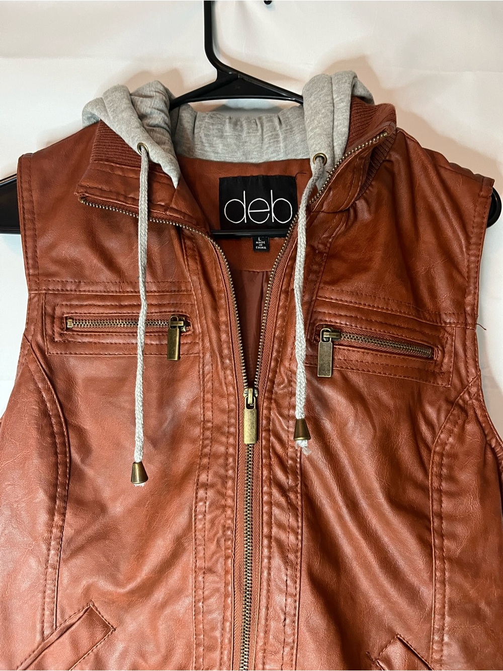 Deb Women's Brown Faux Leather Vest with Gray Hood - Picture 4 of 6